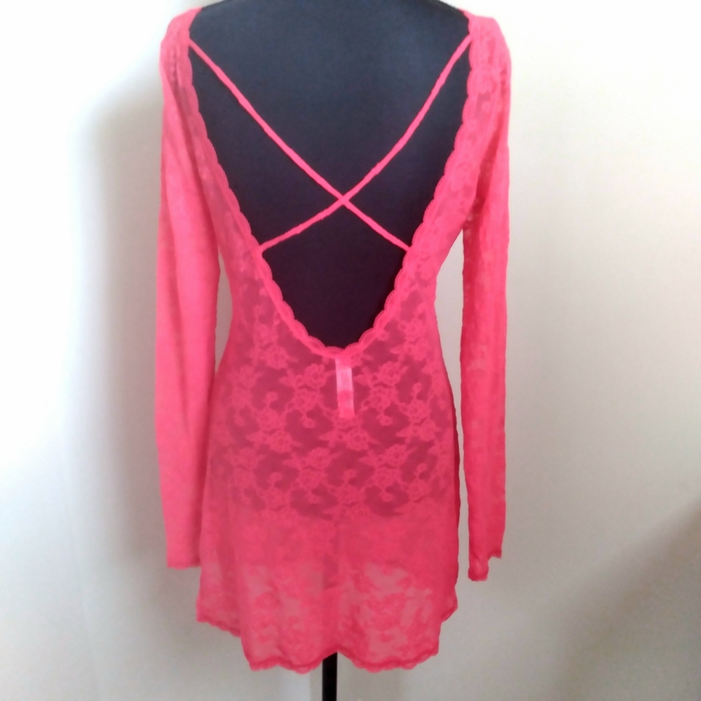Victoria's Secret Y2K Pink Lace Long-Sleeve Lingerie Dress Crisscross Back Large